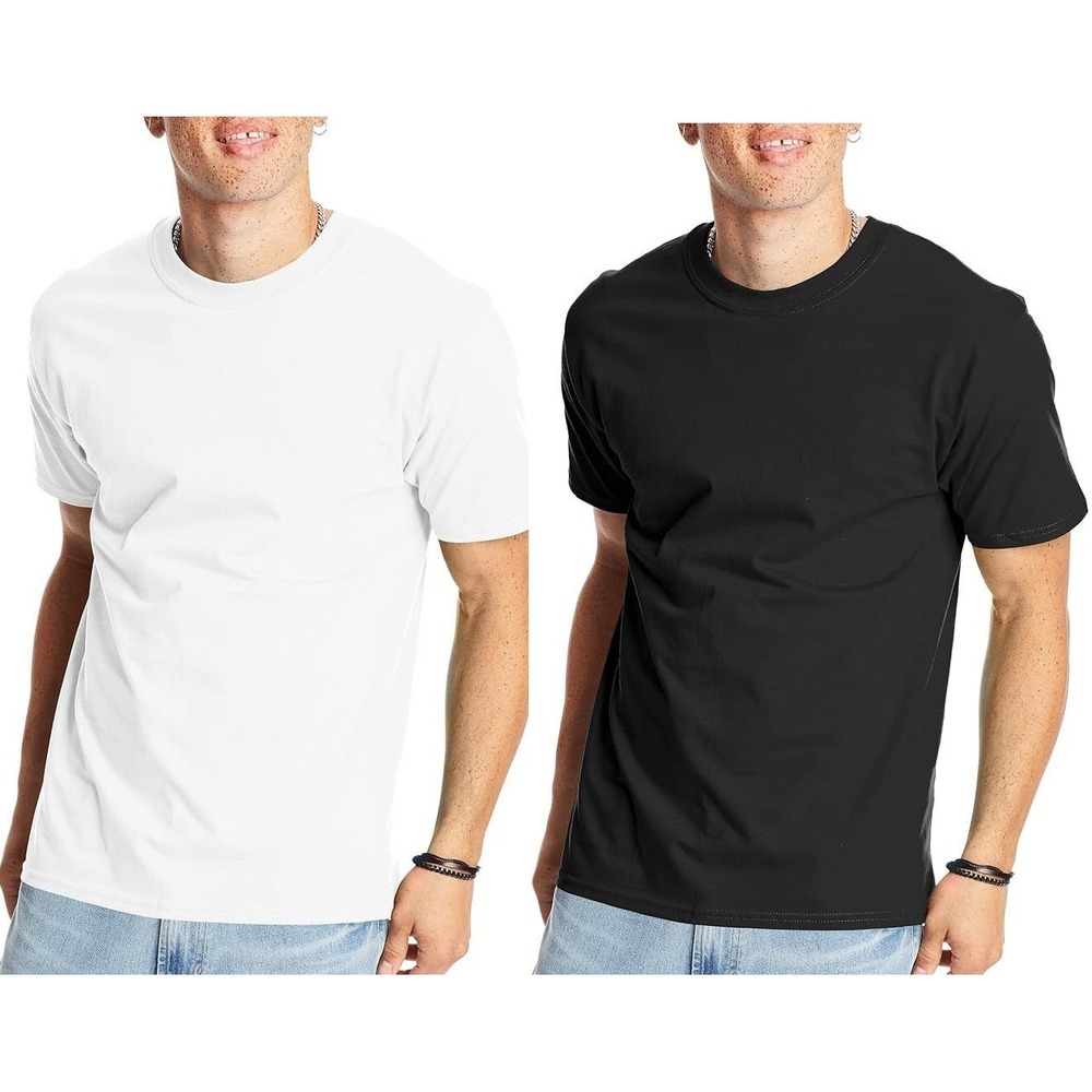2 Hanes Men's Heavyweight Cotton Beefy-T T-shirts - Black & White - Size XL